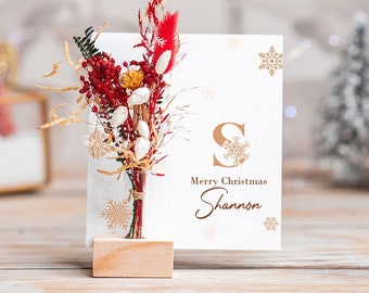 Initial Christmas Card Personalized Gifts with Name for Christmas, Your Name Christmas Gift with Dried Flowers, Christmas Wood Card Flowers