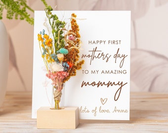 Happy First Mothers Day, Special Mothers Day Card, Mothers Day Gift from daughter, Dried Flower Bouquet, Vase, Personalised 1st Mothers Day