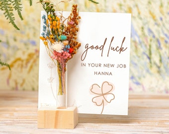 Good Luck In Your New Job Card, Dried Flower Bouquet, Best of luck, Good Luck Card, New job gift, Lucky Charms, Clover Gift, Luck for Friend