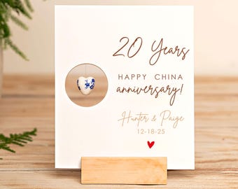 20th China Anniversary Gift, Porcelain Heart Wood Card, Personalized Wedding Gift for Him Her, Custom Laser Engraved Wooden Anniversary Card