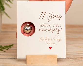 11th Anniversary Gift, Eleventh Steel Anniversary Card, 11 Steel Heart Wedding Custom Wood Engraved Card, Laser Cut Wood Gift for Him & Her