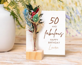 50th Birthday Card with Dried Flowers, Happy birthday Gift, Personalised Birthday Card, Dried Flowers Box, name birthday card