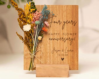 4th anniversary gift, Dried Flower Anniversary Card, Engraved Wood, Paper Card, Mini Flower Bouquet Custom Fourth Year Wedding Gift for Her.