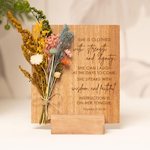 She is Clothed with Strength and Dignity, Dried Flower , Proverbs 31 Card, Best Boss Card, Wood Gift Card , Motivational Message Box