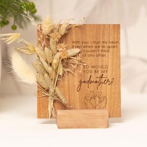Would  you Be my godmother? Godfather to be, Wood Card With Dried Flowers, Godmother Proposal, New Baby, Baptism, Personalised Wood Gift Box
