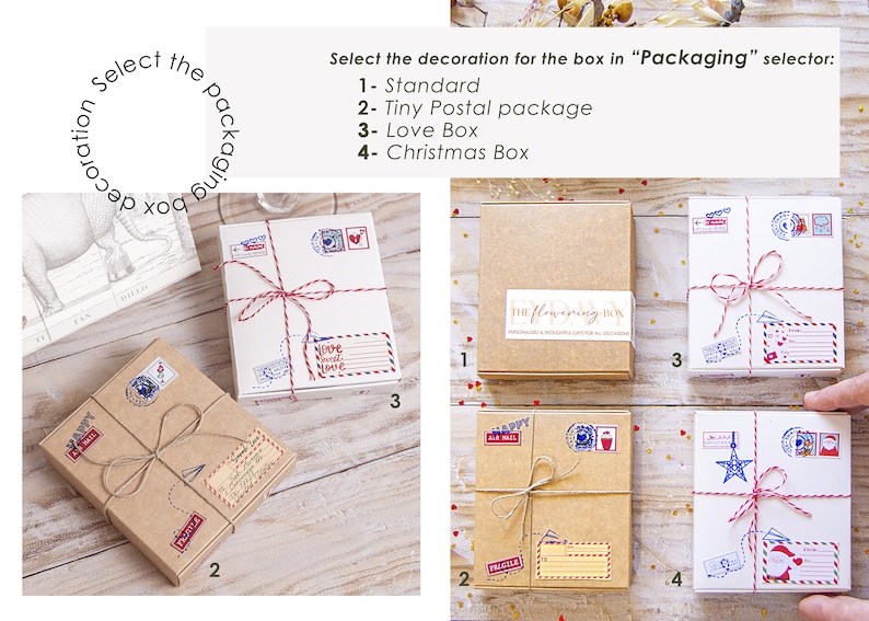 May include: Four different gift box packaging options. The first box is brown with the text "The flowering box" printed on it. The second box is brown with a twine bow and various stamps. The third box is white with a red twine bow and various stamps. The fourth box is white with a red and blue twine bow and various stamps, including a Santa Claus stamp.