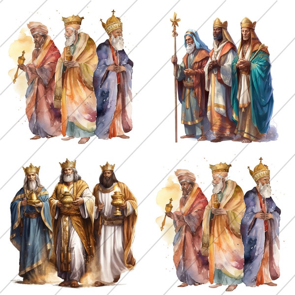 Aquarelle des rois mages, lot de 4, cliparts, clipart numérique, décoration d'art mural, téléchargements numériques, PNG, art pour chambre d'enfant