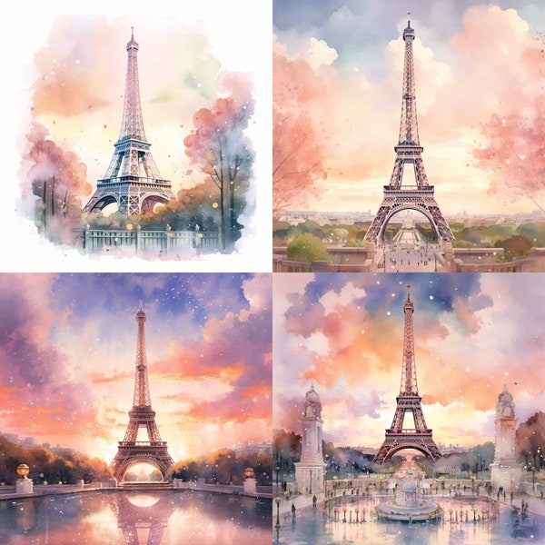 Watercolor Eiffel Tower, Set Of 4, Landscape, Digital Clipart, Architecture, Digital Downloads, PNG, Nursery Art