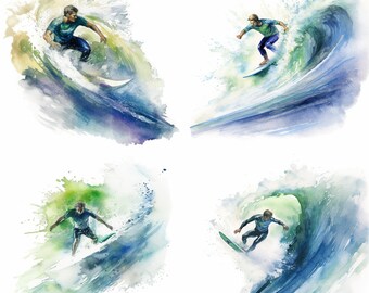 Watercolor Surfer Rinding A Wave, Sublimation, Set Of 4, Digital Download, Clipart, PNG Download, Wall Art Decoration