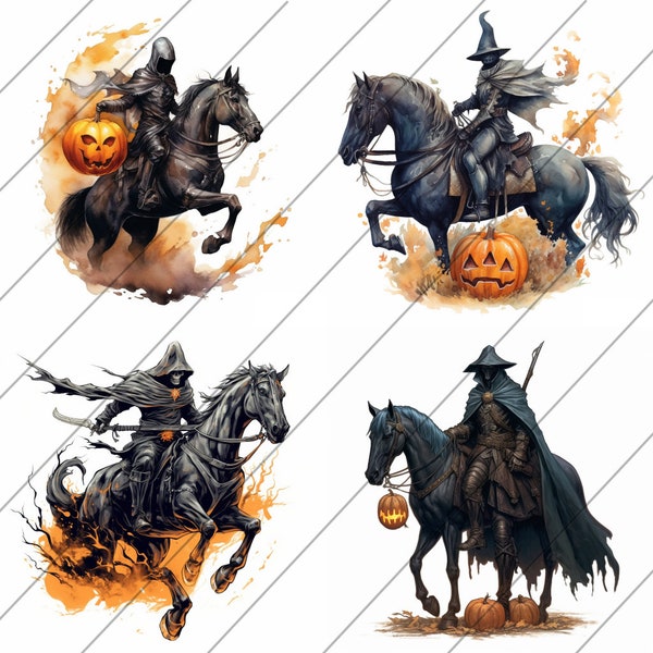 Watercolor Headless Horseman, Set Of 4, Clipart, Digital Clipart, Landscape, Digital Downloads, PNG, Nursery Art, Halloween Clipart