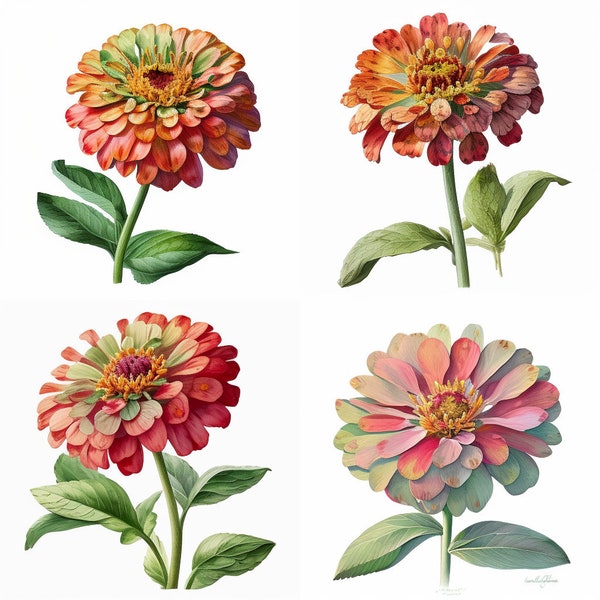 Watercolor Zinnia, Flower PNG Set Of 4, Digital Download, Clipart, PNG Download, Wall Art Decoration, Nursery Art