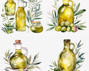 Watercolor Olive Oil, Clipart, Set Of 4, Digital Downloads, PNG,  Wall Art Decoration