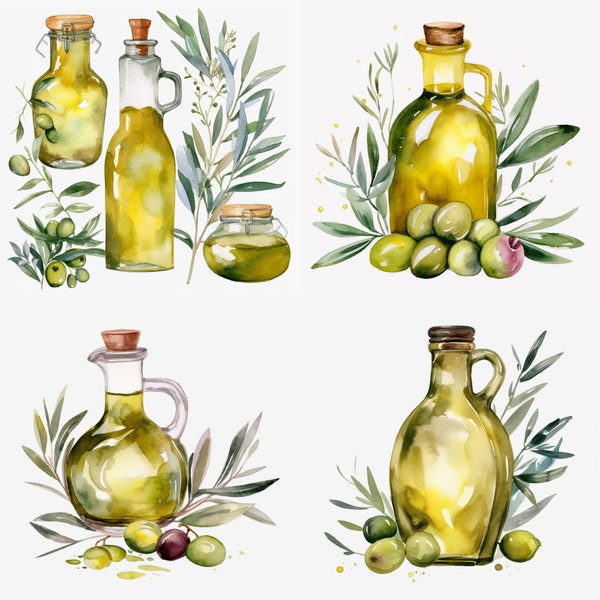 Watercolor Olive Oil, Clipart, Set Of 4, Digital Downloads, PNG,  Wall Art Decoration