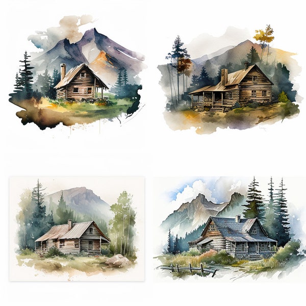 Chalet de montagne aquarelle, ensemble de 4, bâtiments, téléchargement numérique, Clipart, Construction, téléchargement PNG, décoration murale