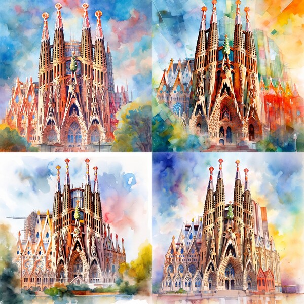 Watercolor Sagrada Familia, Set Of 4, Landscape, Digital Clipart, Architecture, Digital Downloads, PNG, Nursery Art