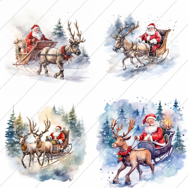 Watercolor Santa Claus In Sleigh, Set Of 4, Clipart, Digital Clipart, Digital Downloads, PNG, Nursery Art, Christmas Clipart