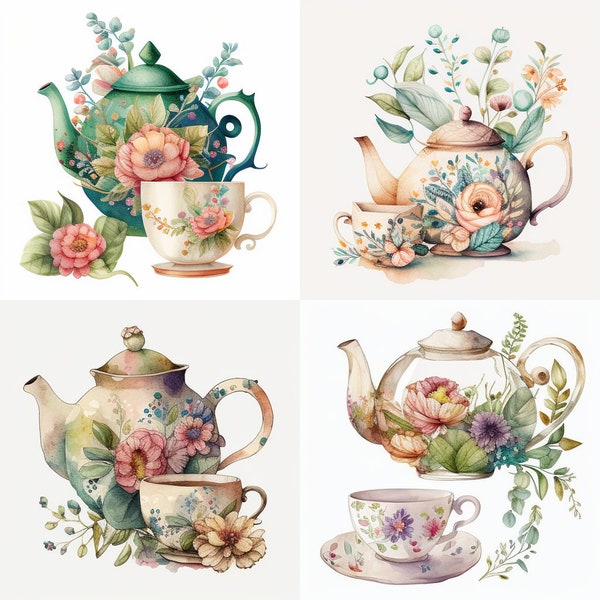 Watercolor Teapot With Cups, Set Of 4, Kitchen, Digital Clipart, Digital Downloads, Furniture, PNG, Nursery Art