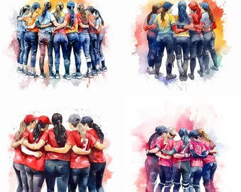 Watercolor Softball Team, Set Of 4, Clipart, Digital Clipart, Wall Art Decoration, Digital Downloads, PNG, Nursery Art