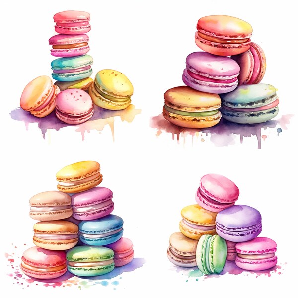 Macarons aquarelles, lot de 4, nourriture, clipart numérique, culinaire, téléchargements numériques, PNG, art pour chambre d'enfant