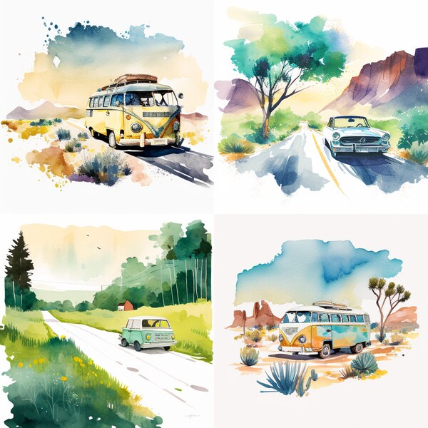 Watercolor Summer Road Trip, Set Of 4, Vacation, Digital Download, Clipart, Summertime, PNG Download, Wall Art Decoration