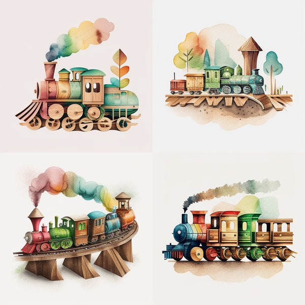 Watercolor Wooden Train Set, Entertainment, Set Of 4, Toy, Digital Download, Clipart, PNG Download, Wall Art Decoration
