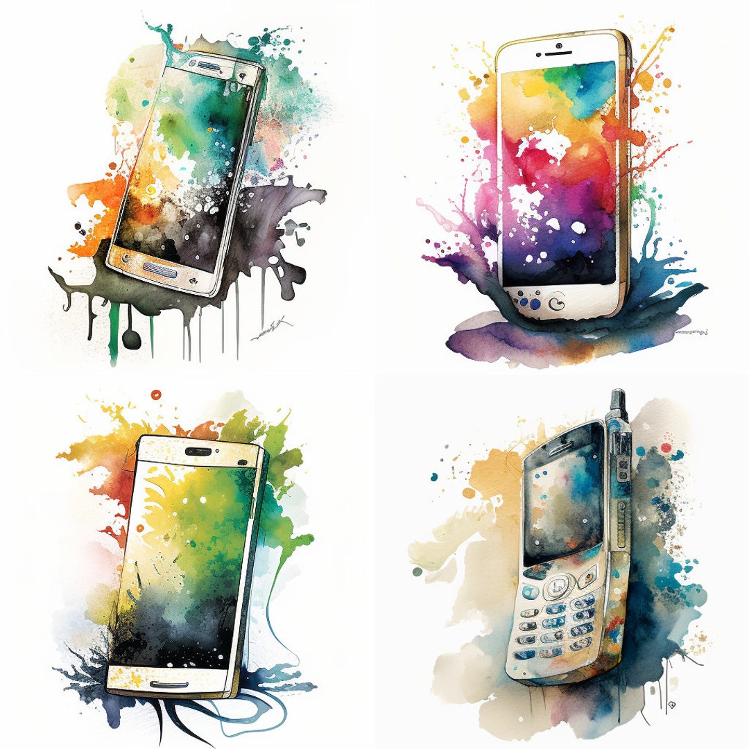 Watercolor Smart Phone, Set of 4, Technologies, Digital Download ...