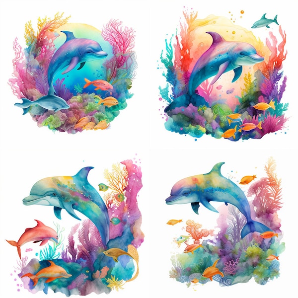 Aquarell Delphin, Clipart, 4er-Set, Tier, digitaler Download, Natur, Wandkunst-Dekoration, PNG-Download