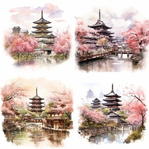Watercolor Japan Historic City, Set Of 4, Clipart, Digital Clipart, Landscape, Digital Downloads, PNG, Nursery Art