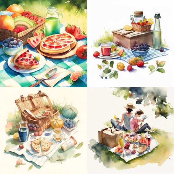 Watercolor Summer Picnic, Set Of 4, Vacation, Digital Download, Clipart, Summertime, PNG Download, Wall Art Decoration