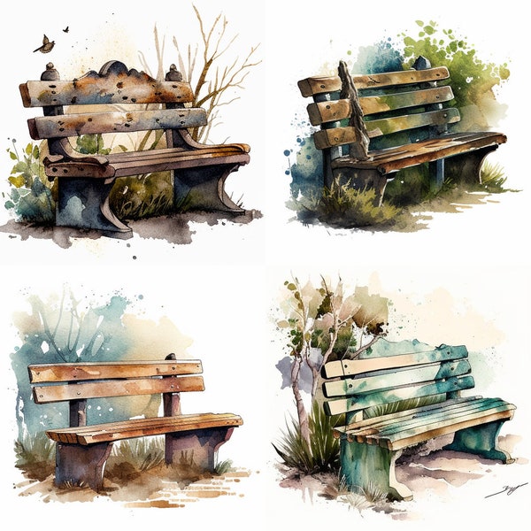 Watercolor Wooden Bench, Household, Set Of 4, Digital Clipart, Digital Downloads, Illustration, Furniture, PNG, Nursery Art