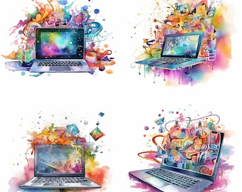 Watercolor Laptop Computer, Set Of 4, Technologies,, Digital Clipart, Digital Downloads, PNG, Nursery Art