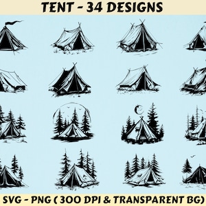 May include: A set of 34 black and white tent silhouette illustrations. The tents are shown in various styles and settings, including with trees and a moon. The text "TENT - 34 DESIGNS" is at the top of the image. The text "SVG - PNG (300 DPI & TRANSPARENT BG)" is at the bottom of the image.