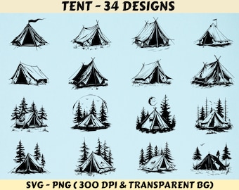 May include: A set of 34 black and white tent silhouette illustrations. The tents are shown in various styles and settings, including with trees and a moon. The text "TENT - 34 DESIGNS" is at the top of the image. The text "SVG - PNG (300 DPI & TRANSPARENT BG)" is at the bottom of the image.