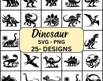May include: A set of 25 black and white dinosaur silhouette designs. The designs include various dinosaurs, such as a T-Rex, Triceratops, Stegosaurus, and Pterodactyl. The text "Dinosaur SVG - PNG 25 - Designs" is displayed in a yellow banner.