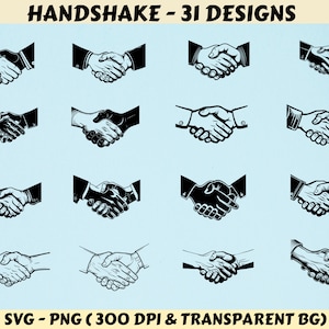 Puede incluir: Un conjunto de 31 ilustraciones de apretones de manos en blanco y negro. Los apretones de manos están en varios estilos y posiciones. Las ilustraciones están sobre un fondo azul claro. El texto "HANDSHAKE - 31 DESIGNS" está en la parte superior de la imagen. El texto "SVG - PNG (300 DPI & TRANSPARENT BG)" está en la parte inferior de la imagen.