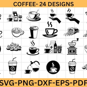 May include: Black and white coffee-themed illustrations. The image features various coffee-related designs, including coffee cups, coffee beans, coffee makers, and to-go cups. The text "COFFEE - 24 DESIGNS" is at the top. Below the designs, the text "SVG-PNG-DXF-EPS-PDF" is displayed.