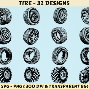 Könnte beinhalten: Ein Satz von 32 schwarz-weißen Reifen-Designs. Die Reifen sind in verschiedenen Stilen, darunter Standard-, Geländewagen- und Rennreifen. Die Designs sind perfekt für den Einsatz in digitalen Projekten wie Website-Design, Social-Media-Grafiken und Druckprojekten.