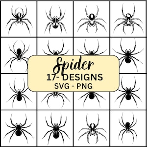 Puede incluir: Un conjunto de 17 diseños de siluetas de arañas en blanco y negro. Los diseños están en formato de cuadrícula y presentan diferentes poses de arañas. El texto "Spider 17-Designs SVG-PNG" está en el centro de la imagen.