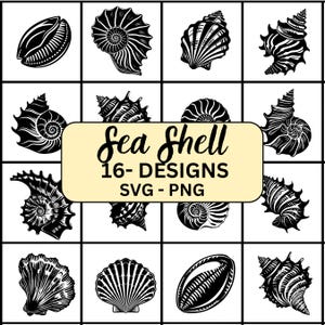 Könnte beinhalten: Ein Satz von 16 Schwarzweiß-Illustrationen von Muscheln. Die Illustrationen sind in einem Rasterformat angeordnet und umfassen verschiedene Arten von Muscheln, wie z. B. Spiral-, Jakobsmuschel- und Venusmuscheln. Der Text "Sea Shell 16-Designs SVG-PNG" befindet sich in der Mitte des Bildes.