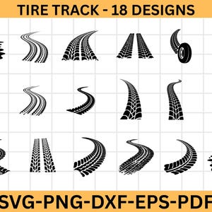 Puede incluir: Una colección de 18 diseños de huellas de neumáticos negros en varios patrones curvos y rectos. Los diseños incluyen huellas de neumáticos, marcas de neumáticos y un neumático con un ala. El texto "TIRE TRACK - 18 DESIGNS" está en la parte superior y "SVG-PNG-DXF-EPS-PDF" en la parte inferior.