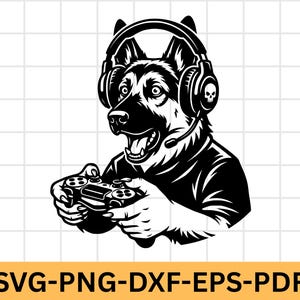 May include: A monochrome graphic of a German Shepherd dog wearing headphones and holding a games controller. The dog has an excited expression. The headphones have a skull design. Text at the bottom reads "SVG-PNG-DXF-EPS-PDF".