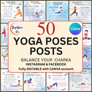 50 pose yoga, modelli di pose yoga, scheda di pose yoga, modello yoga, modelli canva modificabili per l'equilibrio dei chakra, modelli Instagram Facebook