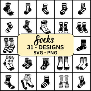 Pode incluir: Um conjunto de 31 desenhos de meias em preto e branco em vários estilos. Os desenhos são para download digital e são perfeitos para criar artesanato, roupas e outros projetos. O texto "Socks 31 - Designs SVG - PNG" está incluído na imagem.