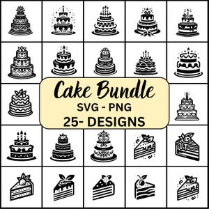 May include: A set of 25 black and white cake SVG and PNG designs. The designs feature various styles of cakes, including single-tier, multi-tier, and slice cakes. The designs are perfect for creating custom cake toppers, invitations, and other crafts.