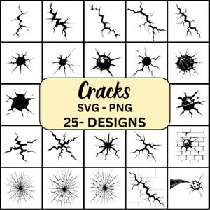 Pode incluir: Uma grelha de 25 desenhos de rachaduras em preto e branco. Os desenhos variam em forma e tamanho, alguns aparecendo como linhas simples e outros como explosões estelares. Um retângulo amarelo no centro diz "Cracks SVG - PNG 25- DESIGNS."