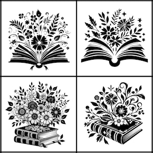 Puede incluir: Cuatro ilustraciones en blanco y negro de libros abiertos con diseños florales. Cada ilustración presenta un arreglo floral diferente, con los libros abiertos y las flores creciendo desde las páginas.
