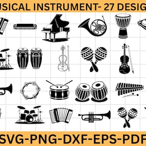 Op de afbeelding: Zwart-wit illustraties van diverse muziekinstrumenten, waaronder een accordeon, piano, drums, viool en gitaar. De afbeelding bevat de tekst "MUSICAL INSTRUMENT - 27 DESIGNS" en "SVG-PNG-DXF-EPS-PDF".