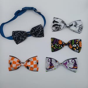 May include: A collection of Halloween-themed pet bow ties. One is attached to a blue collar. The bow ties feature various patterns, including spiderwebs, skulls, and jack-o'-lanterns. The colors include black, orange, white, and purple.