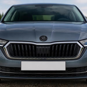 May include: Front view of a dark gray car with a black grille and chrome accents. The car has bright white headlights and a blank white license plate. The car's hood features the Skoda emblem.