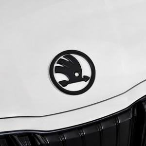 Może przedstawiać: Zbliżenie czarnego emblematu Skody na białej masce samochodu. Emblemat przedstawia stylizowanego ptaka z okrągłą obw&oacute;dką. Poniżej czarny grill.